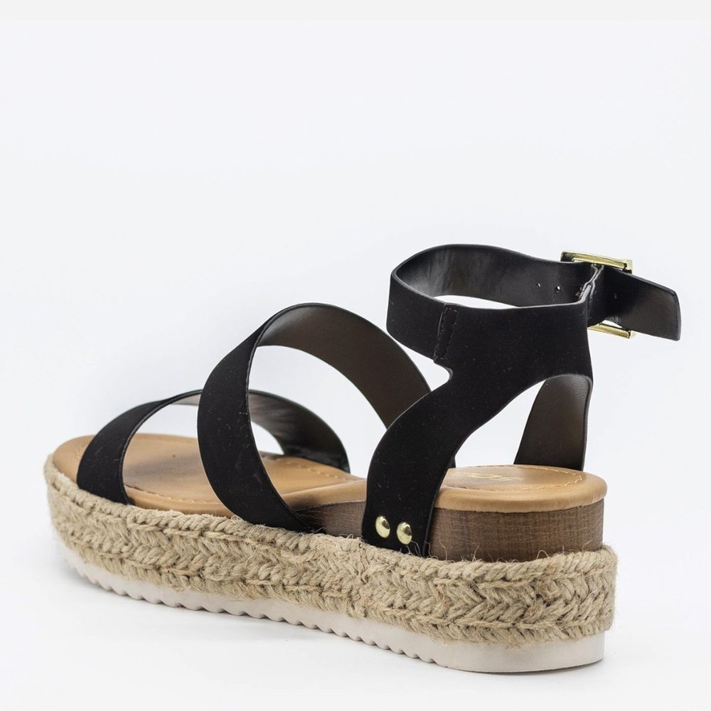 NEW🔥 Black Open Toe Buckle  Ankle Strap Platform Wedge Heel Espadrille Sandals - Picture 6 of 6